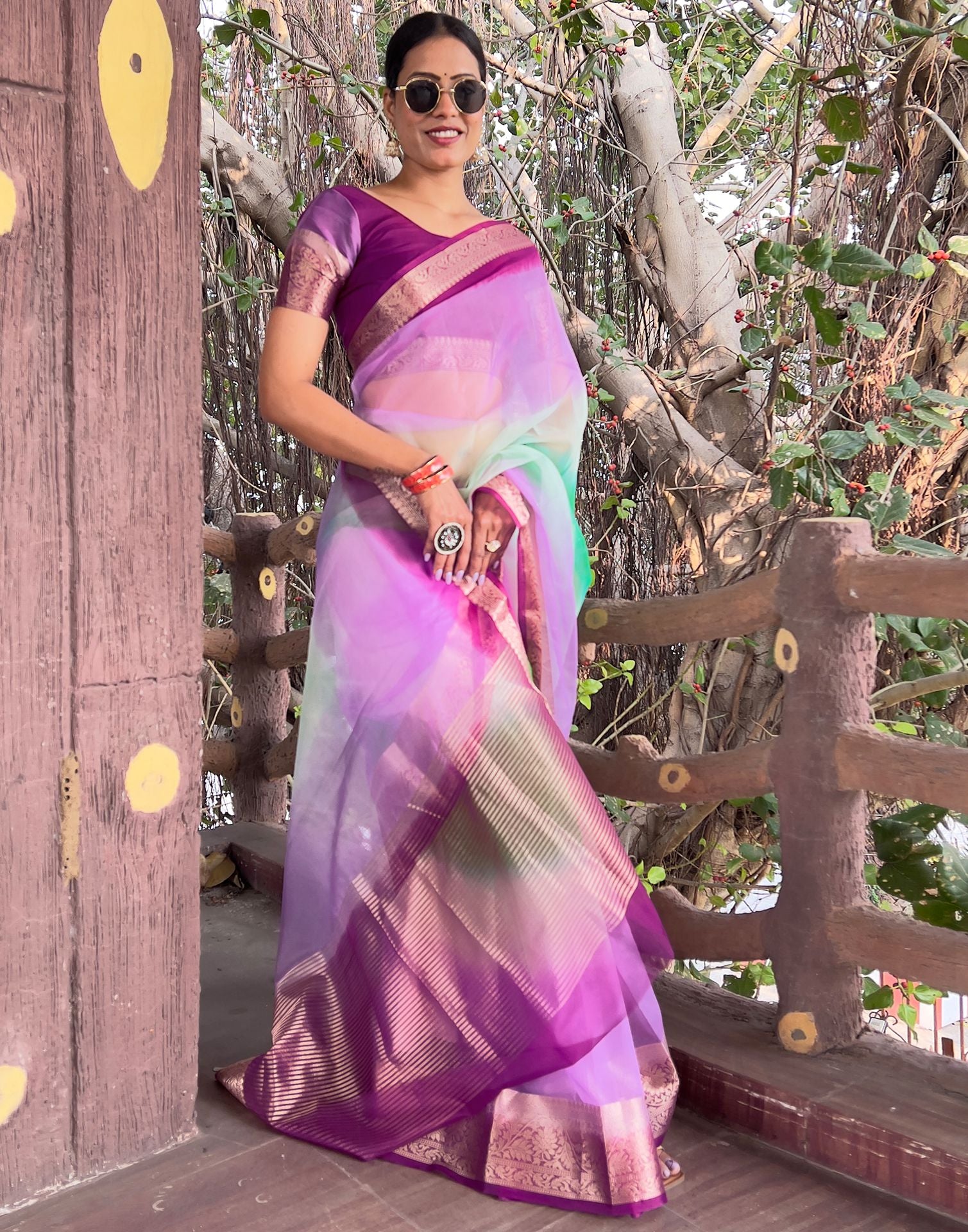 Dark Purple Plain Organza Saree