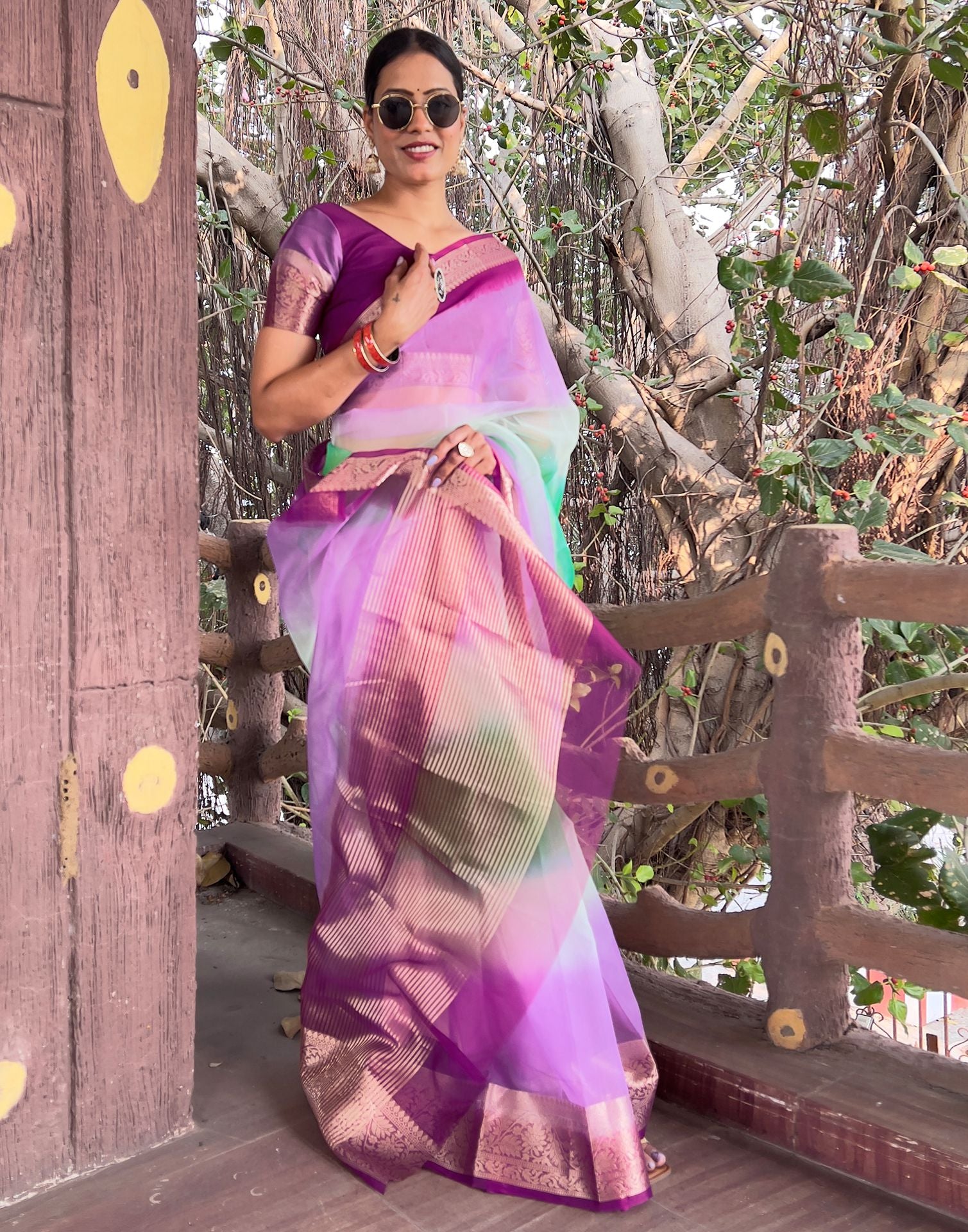 Dark Purple Plain Organza Saree