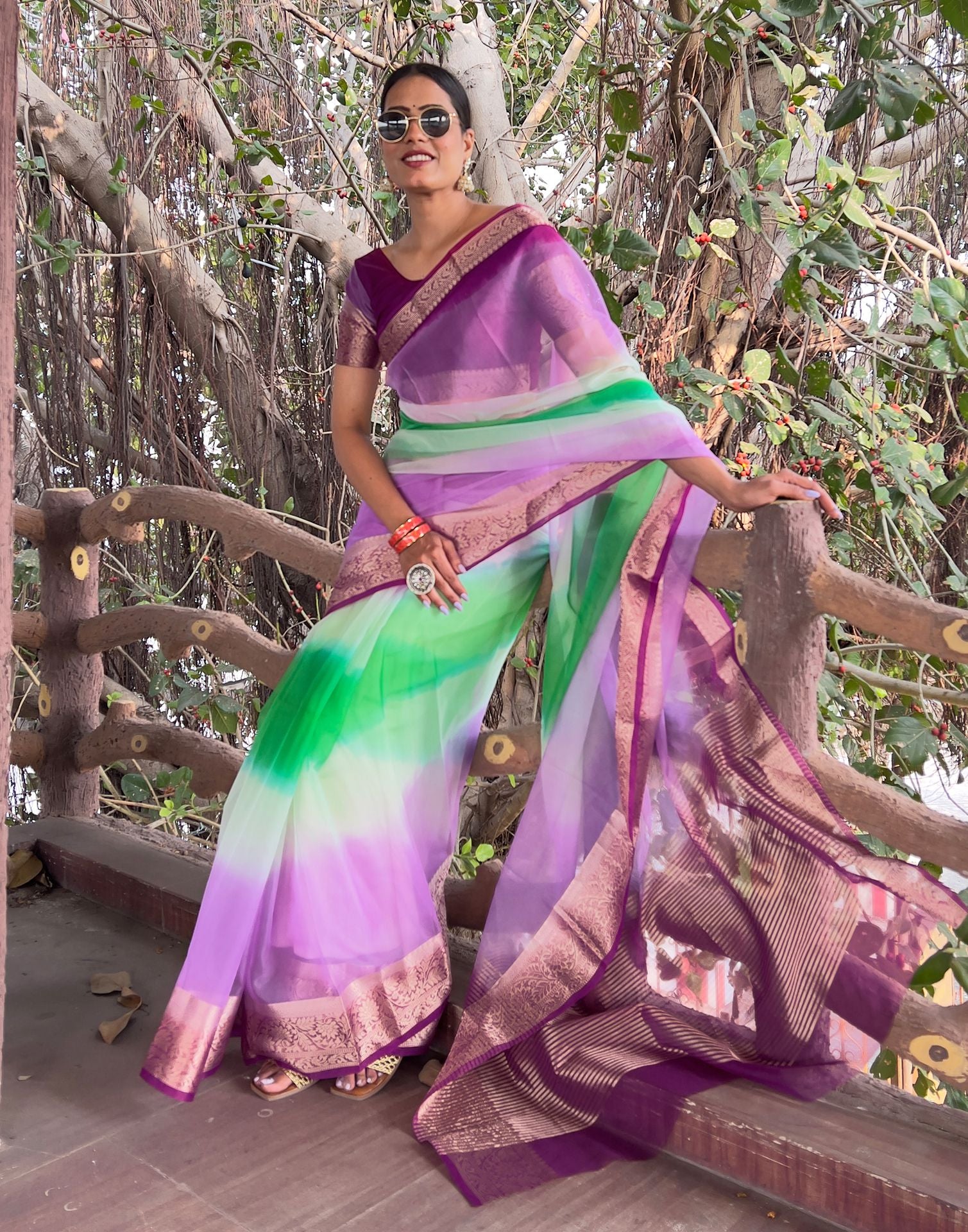 Dark Purple Plain Organza Saree