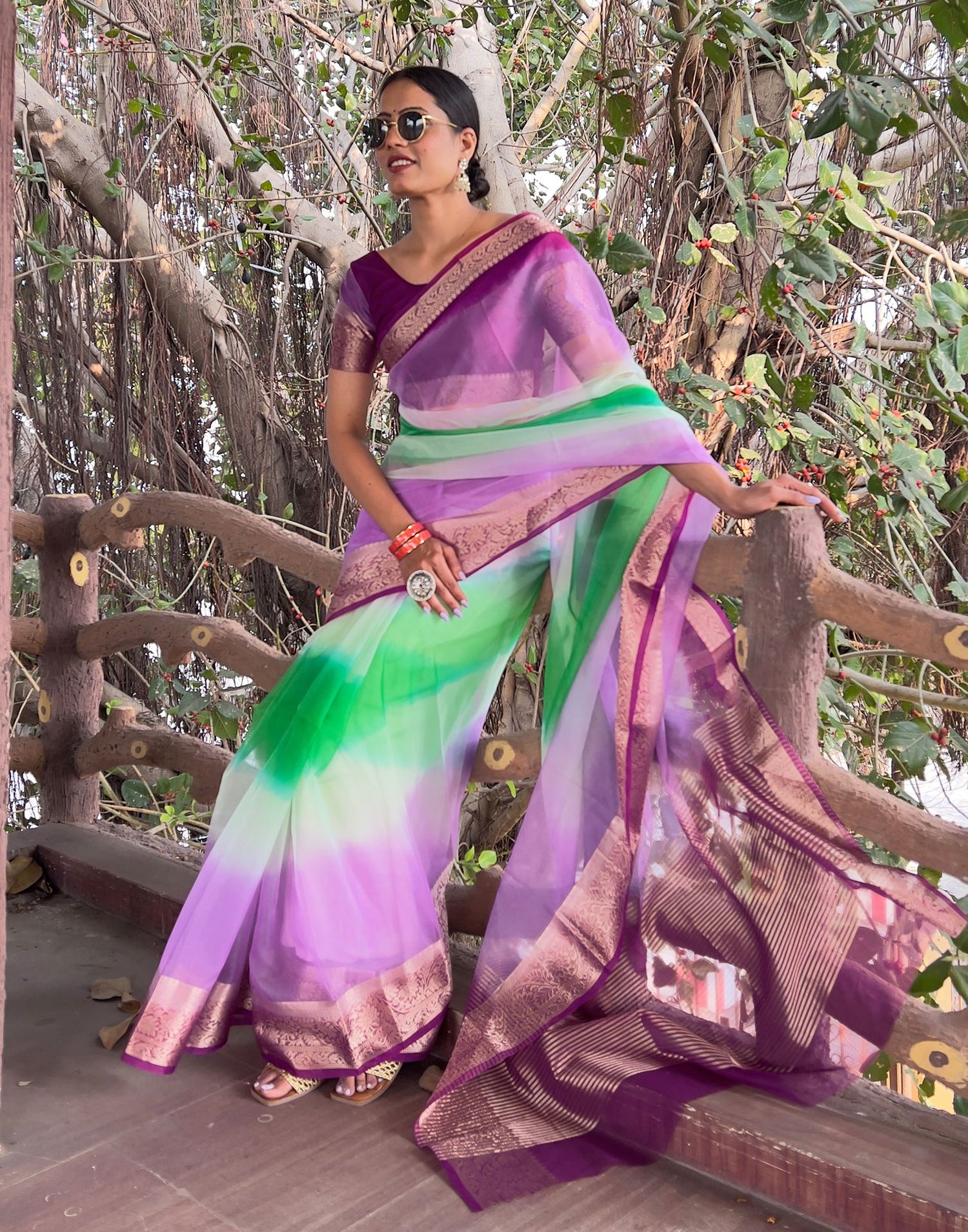 Dark Purple Plain Organza Saree