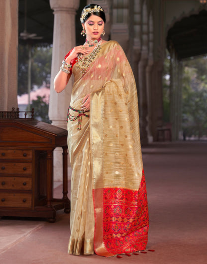 Beige Jacquard Silk Saree