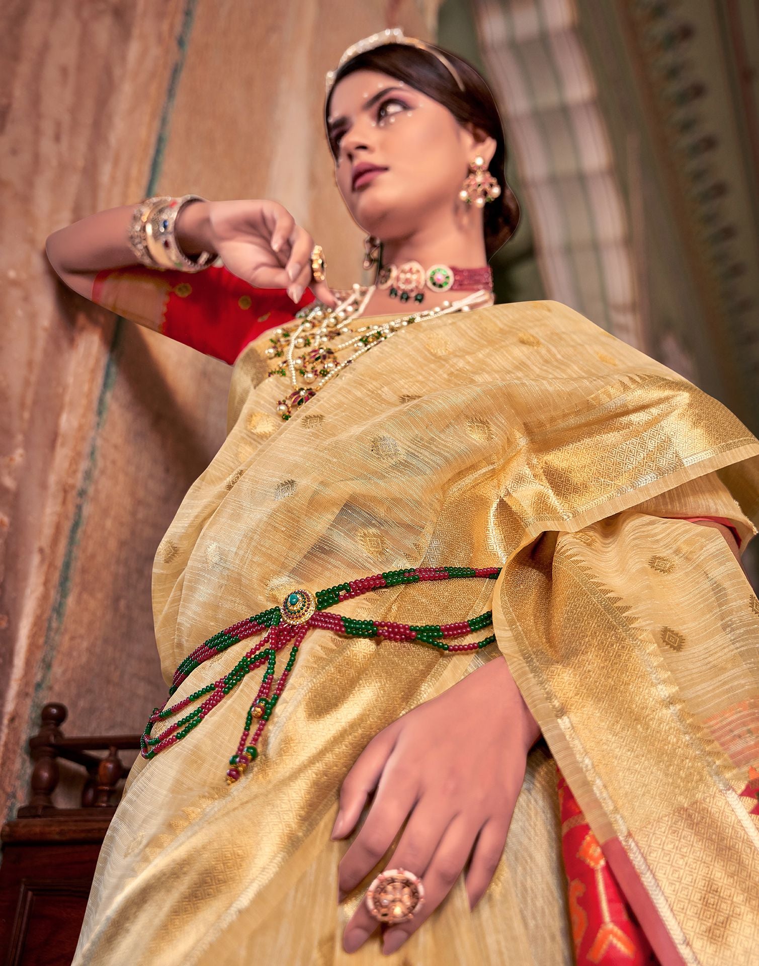 Beige Jacquard Silk Saree