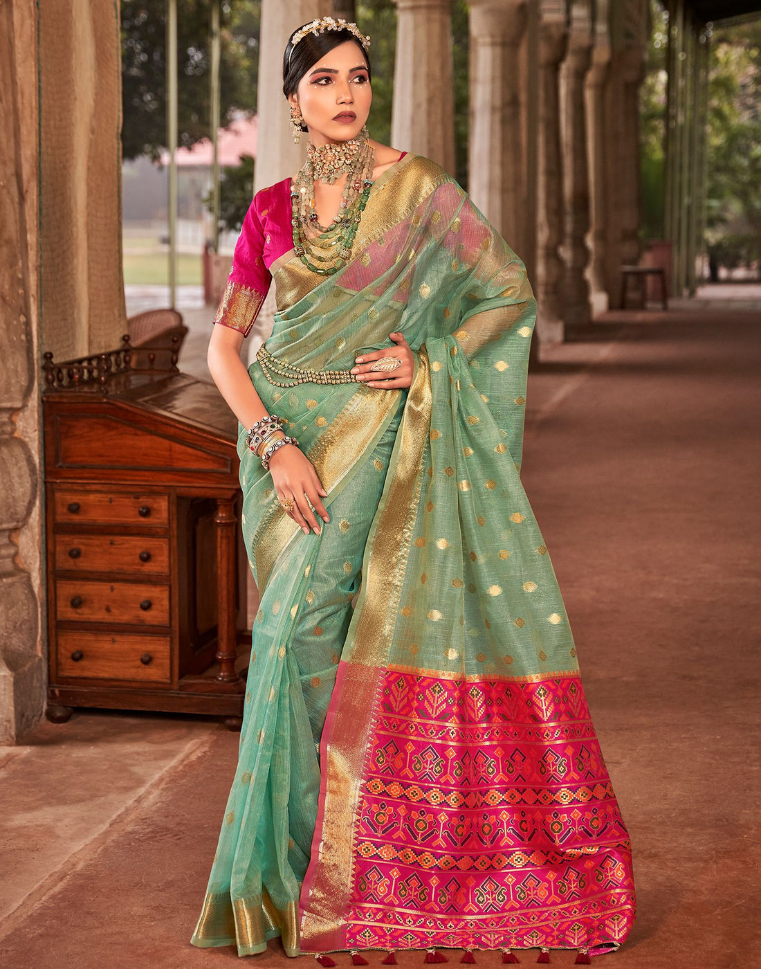 Turquoise Jacquard Silk Saree