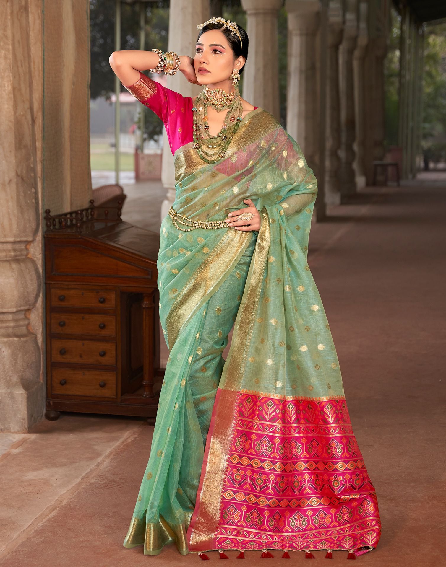 Turquoise Jacquard Silk Saree