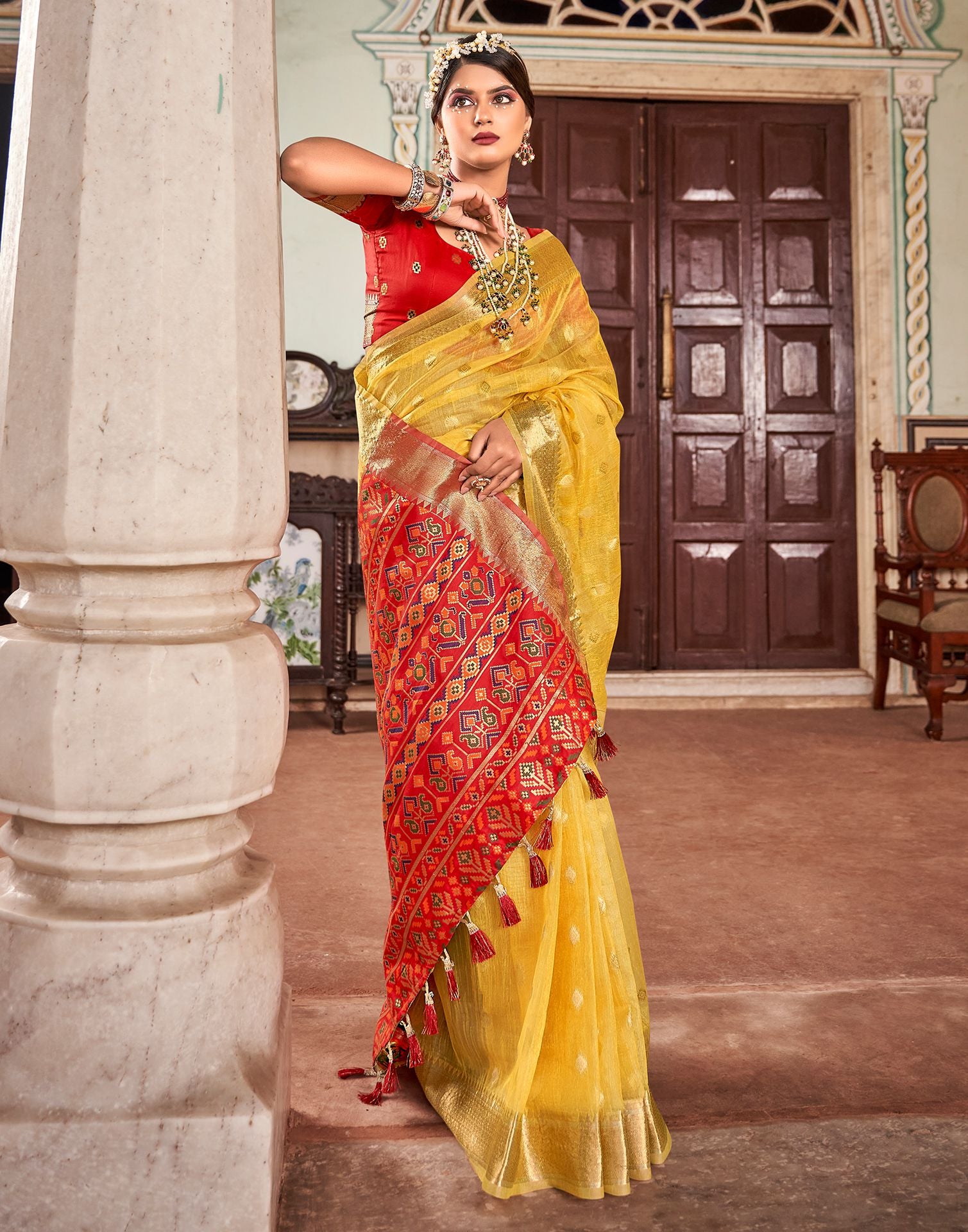 Yellow Jacquard Silk Saree