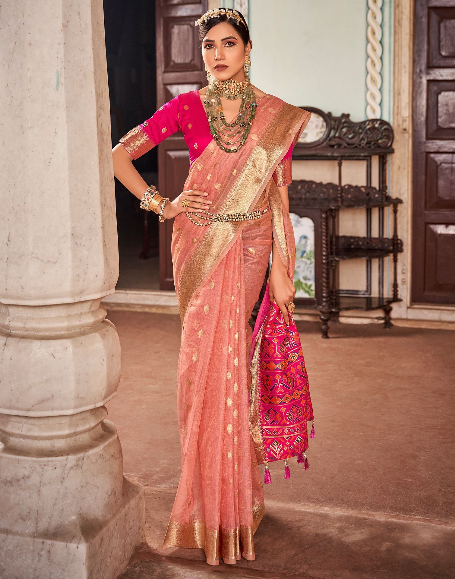 Rose Pink Jacquard Silk Saree