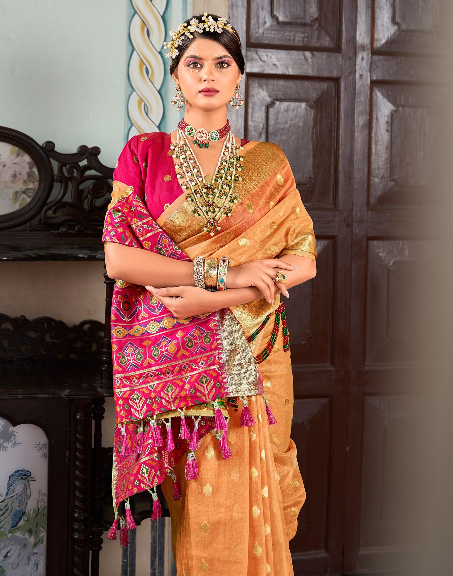 Light Peach Jacquard Silk Saree