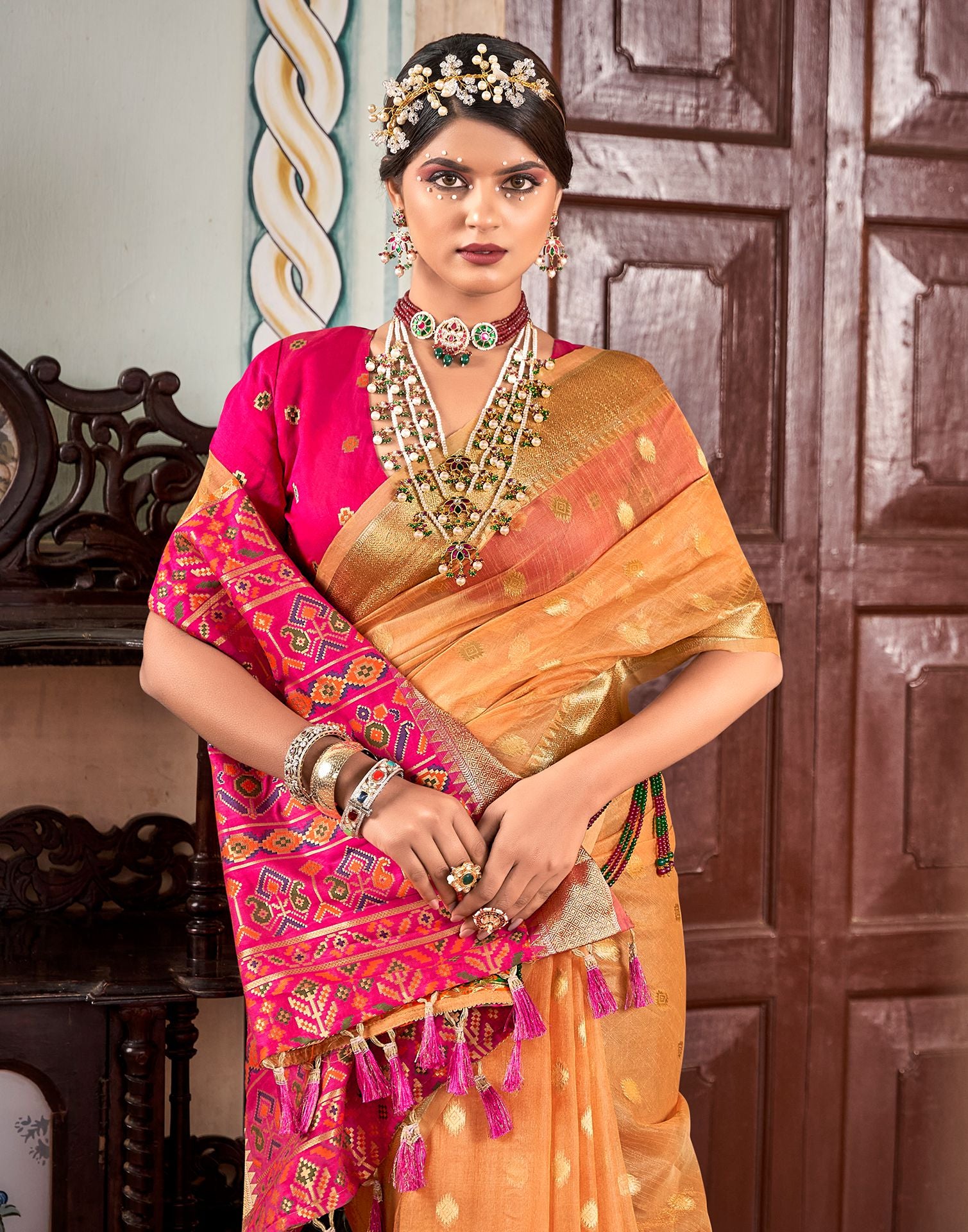 Light Peach Jacquard Silk Saree