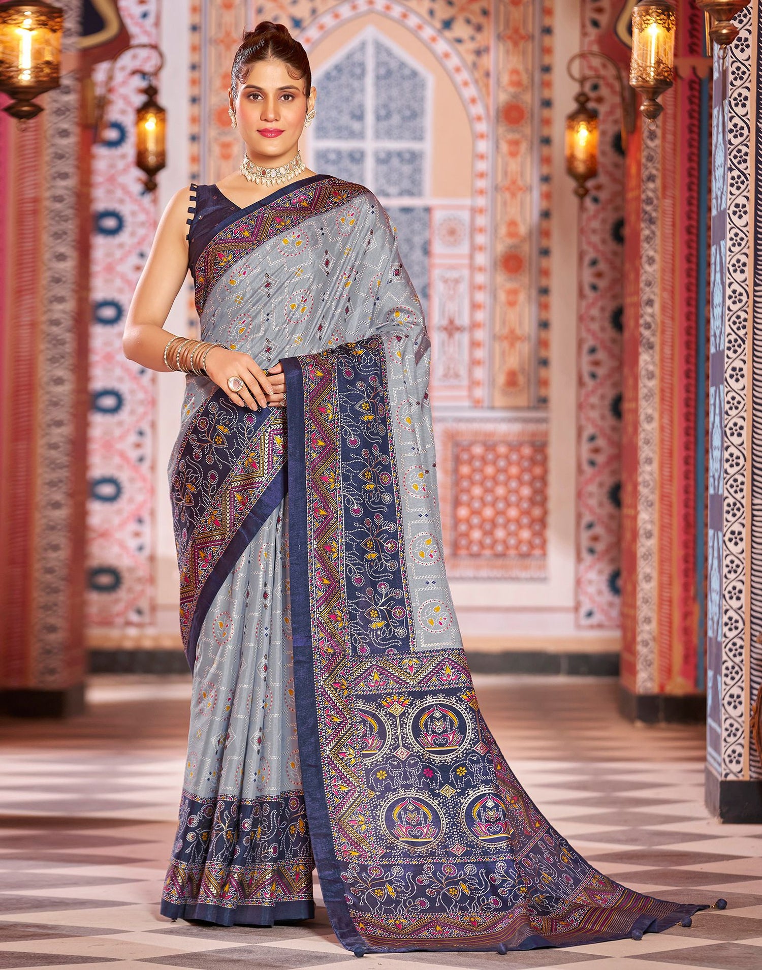 Navy Blue Printed Silk Saree