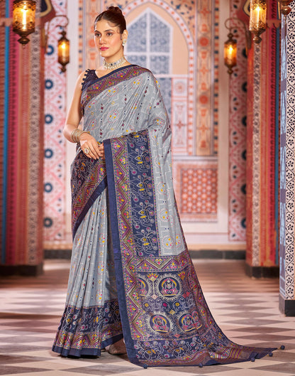 Navy Blue Printed Silk Saree