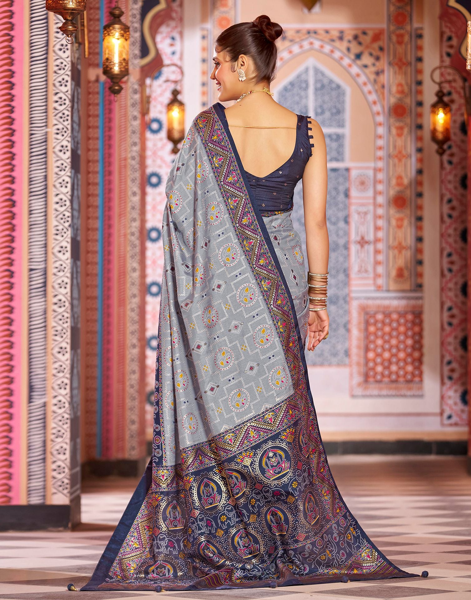 Navy Blue Printed Silk Saree