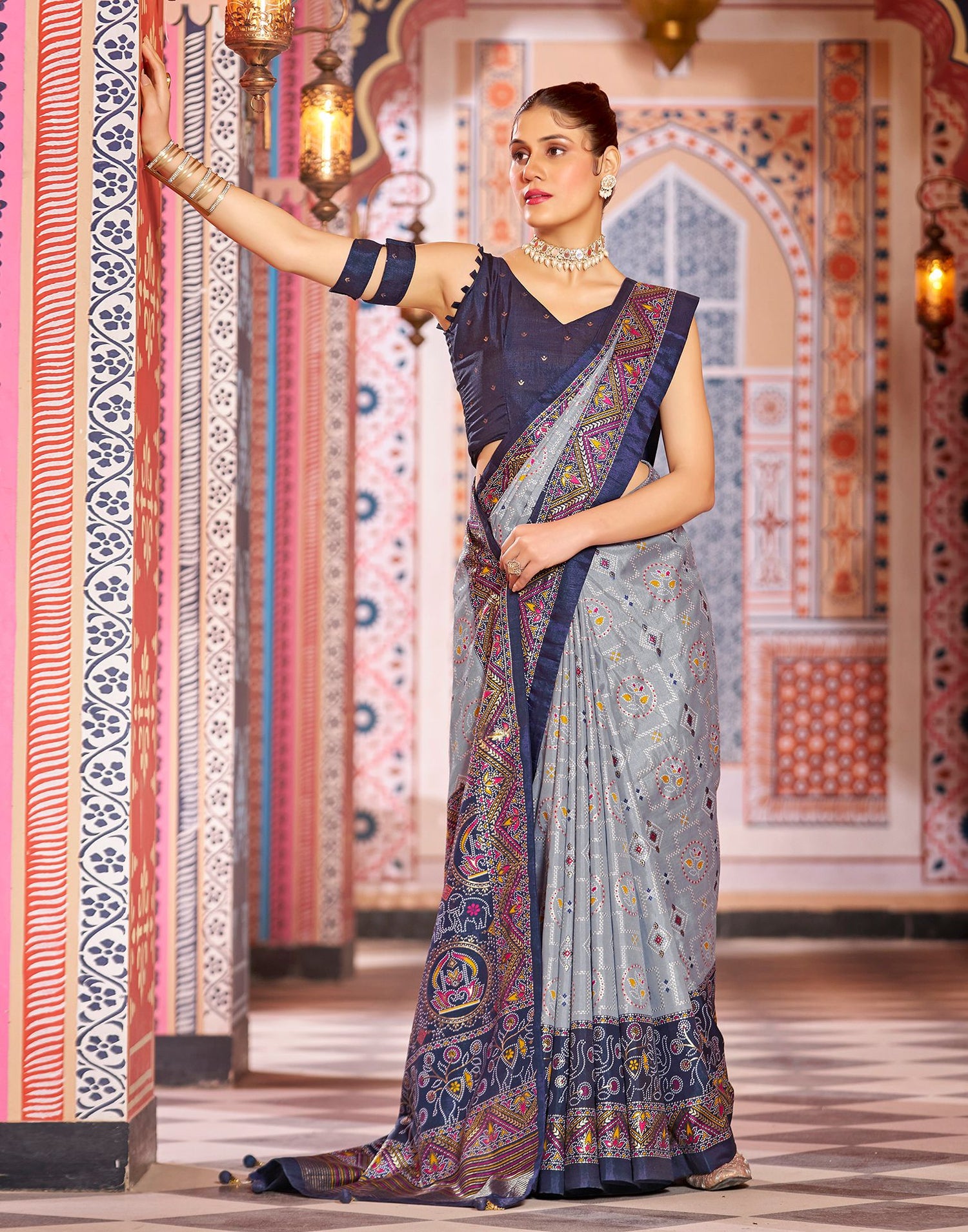 Navy Blue Printed Silk Saree