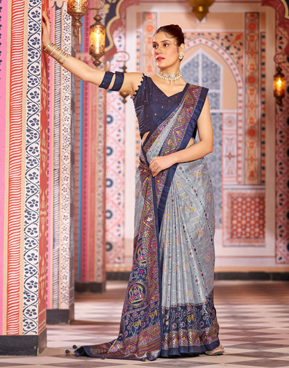 Navy Blue Printed Silk Saree