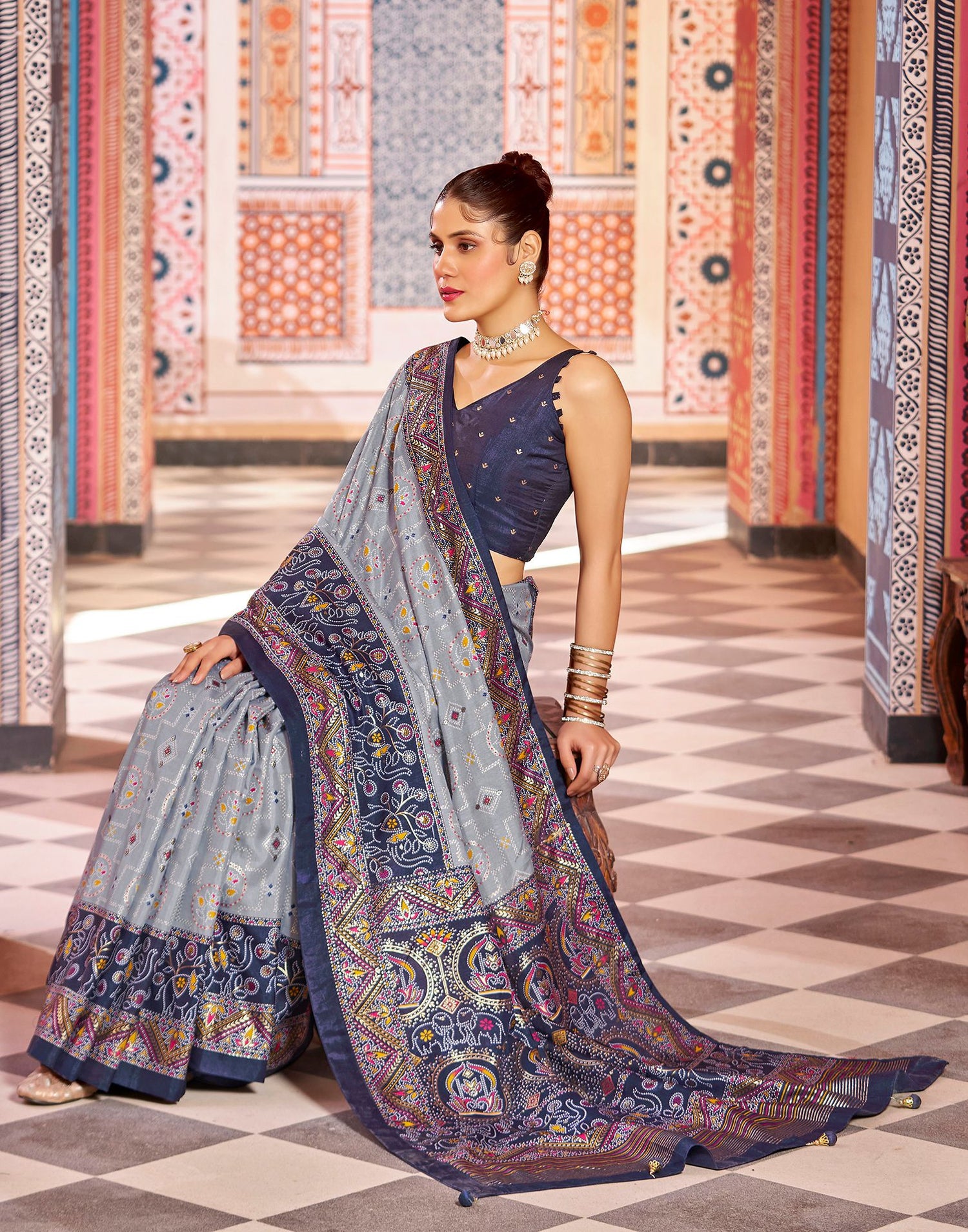 Navy Blue Printed Silk Saree