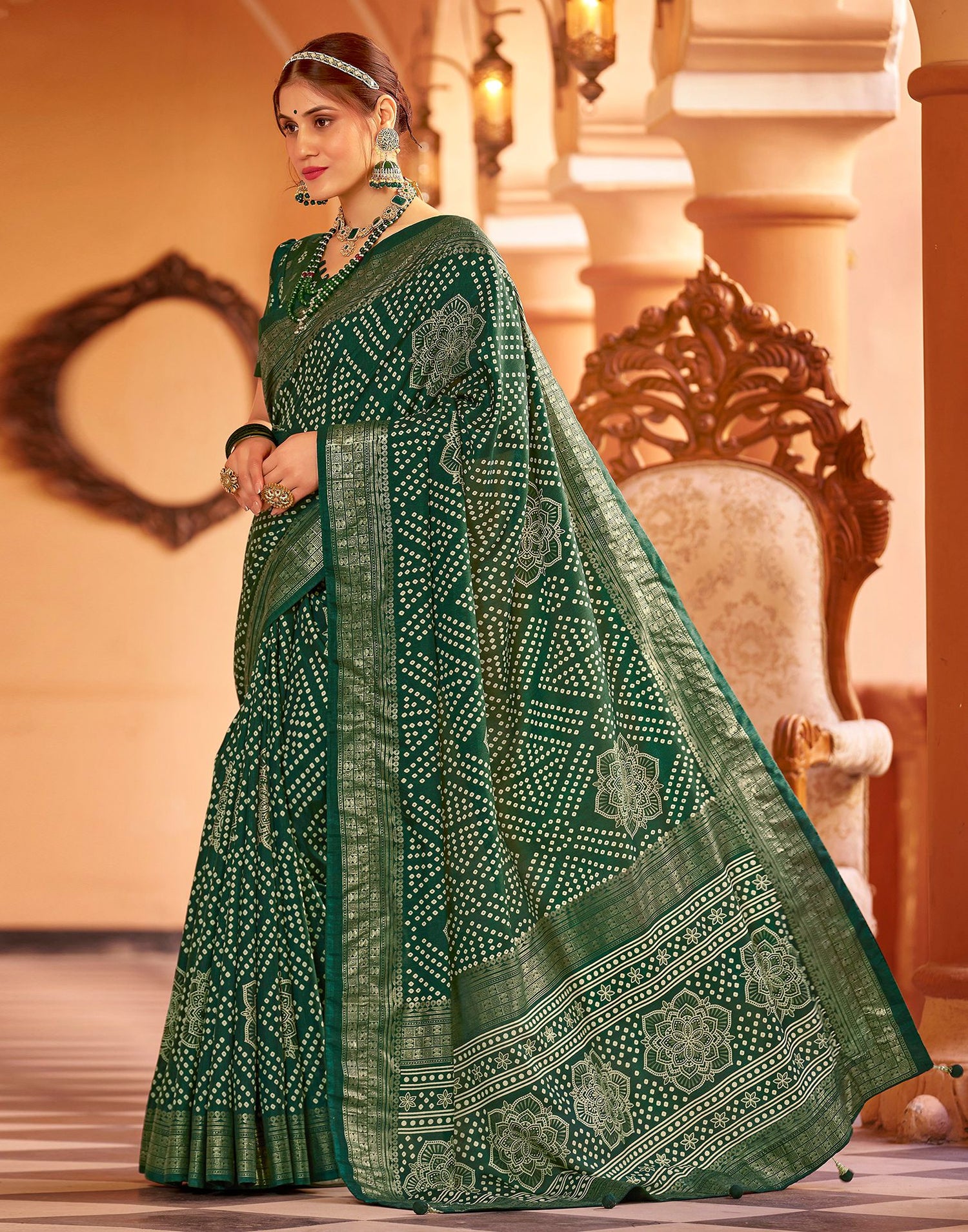 Bottle Green Bandhani Silk Saree