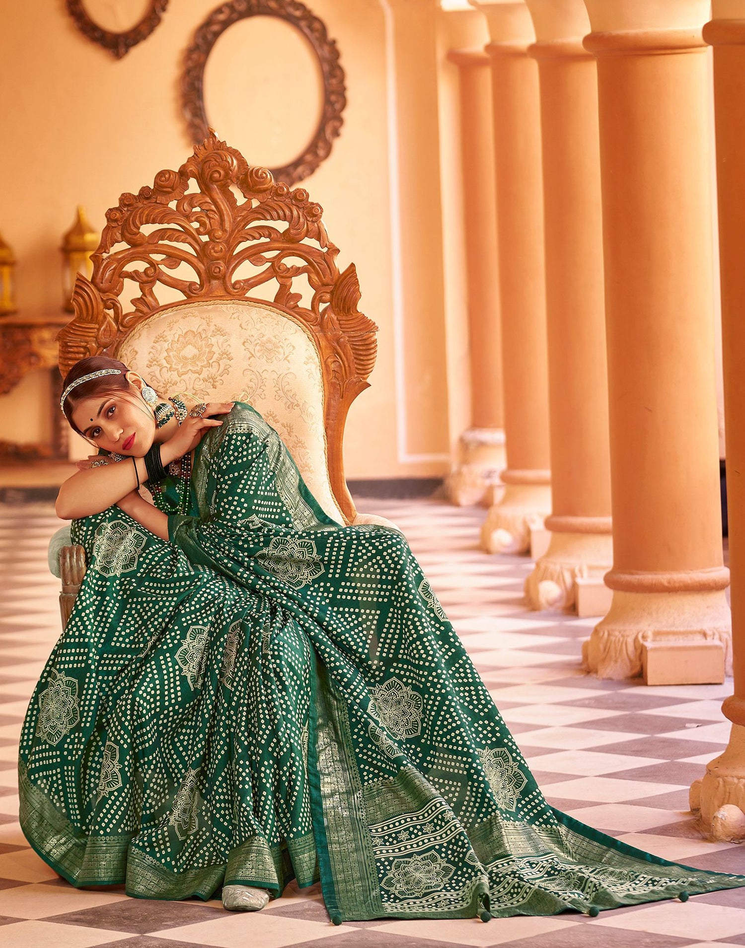 Bottle Green Bandhani Silk Saree