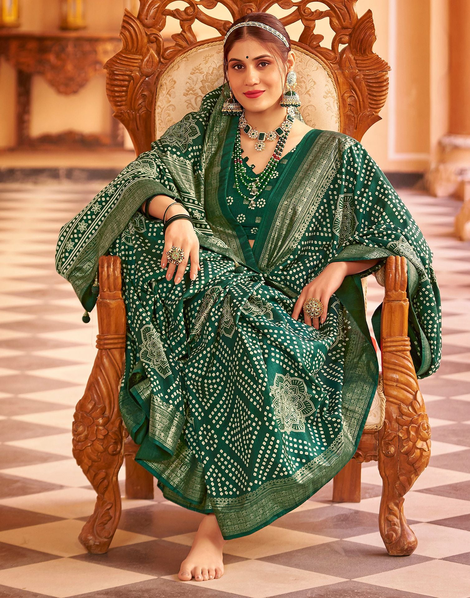 Bottle Green Bandhani Silk Saree