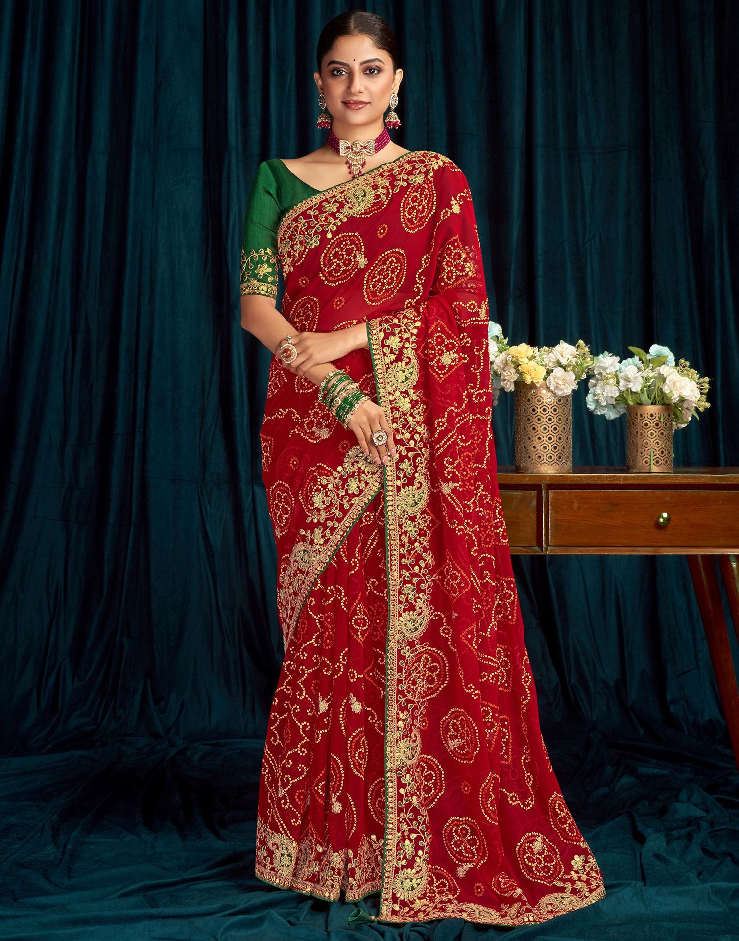 Red Embroidery Gergette Saree