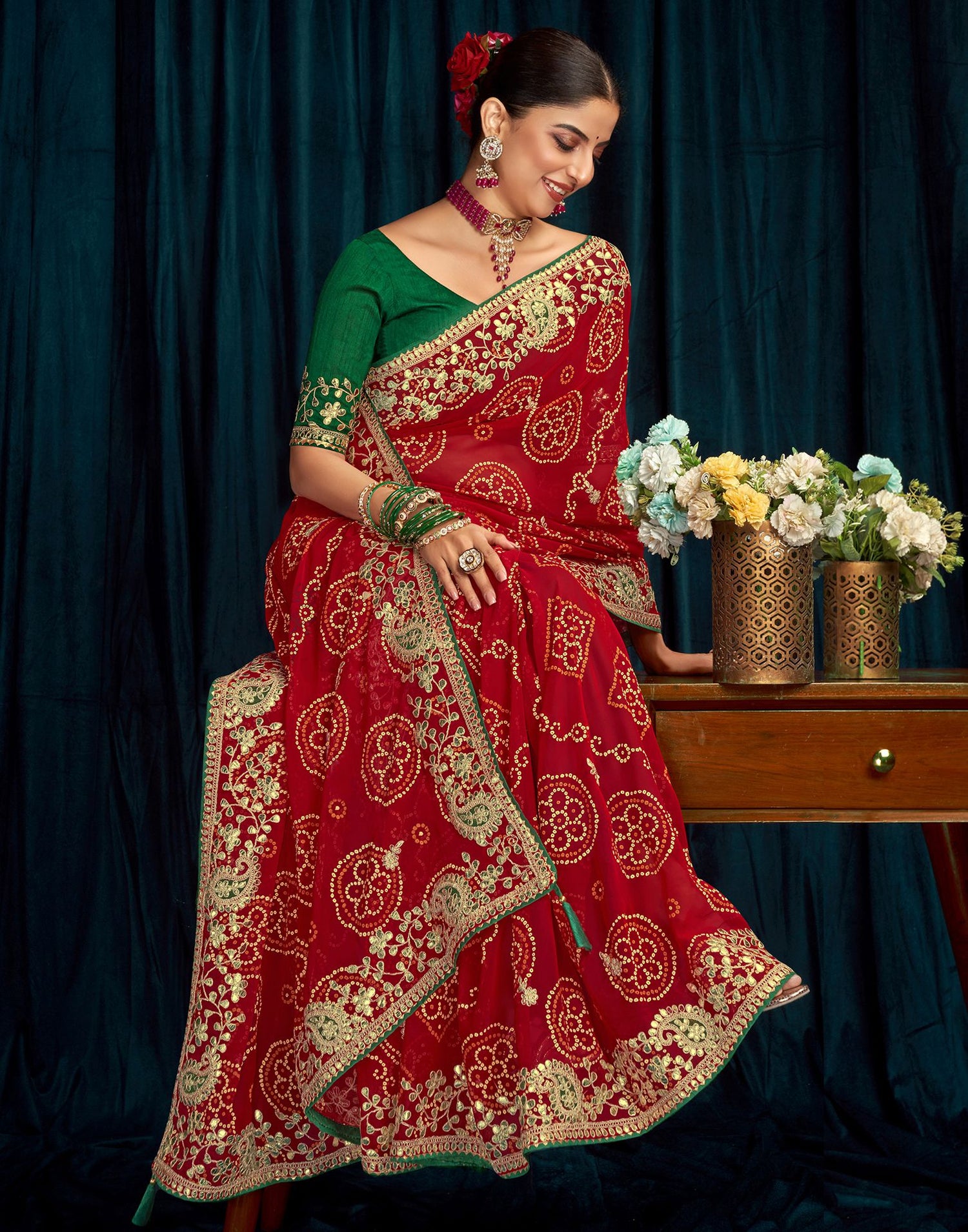 Red Embroidery Gergette Saree