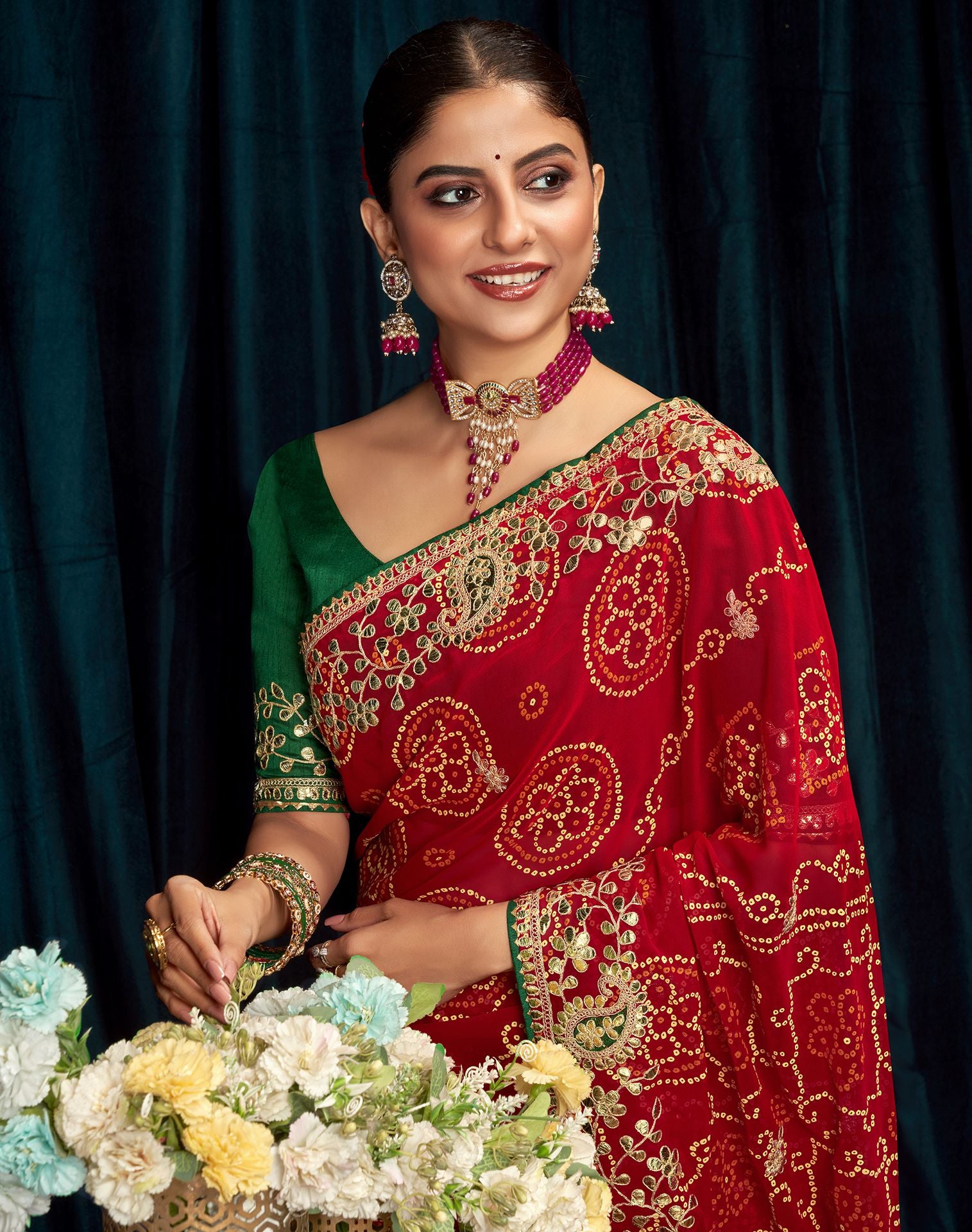 Red Embroidery Gergette Saree