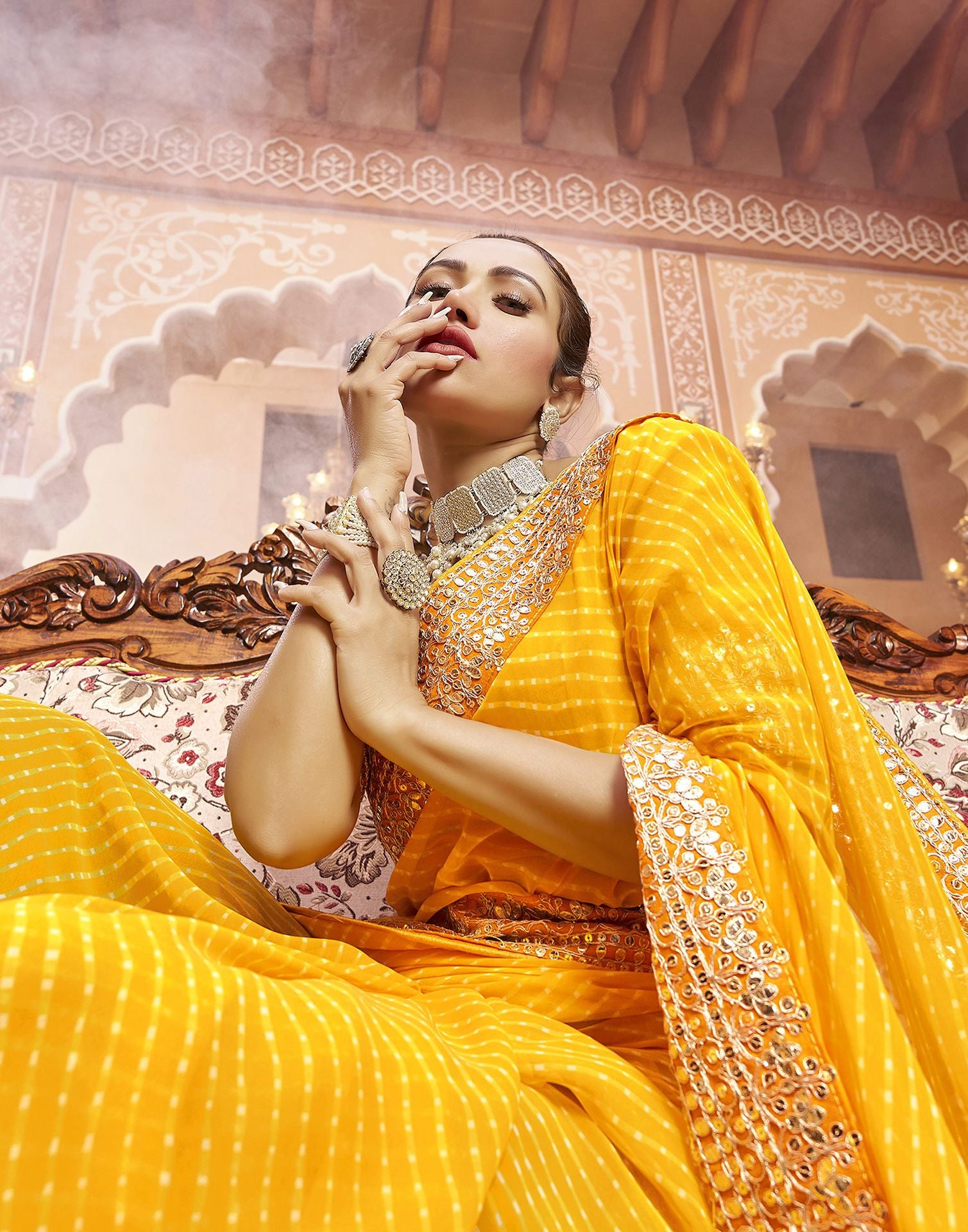 Yellow Plain Gergette Saree