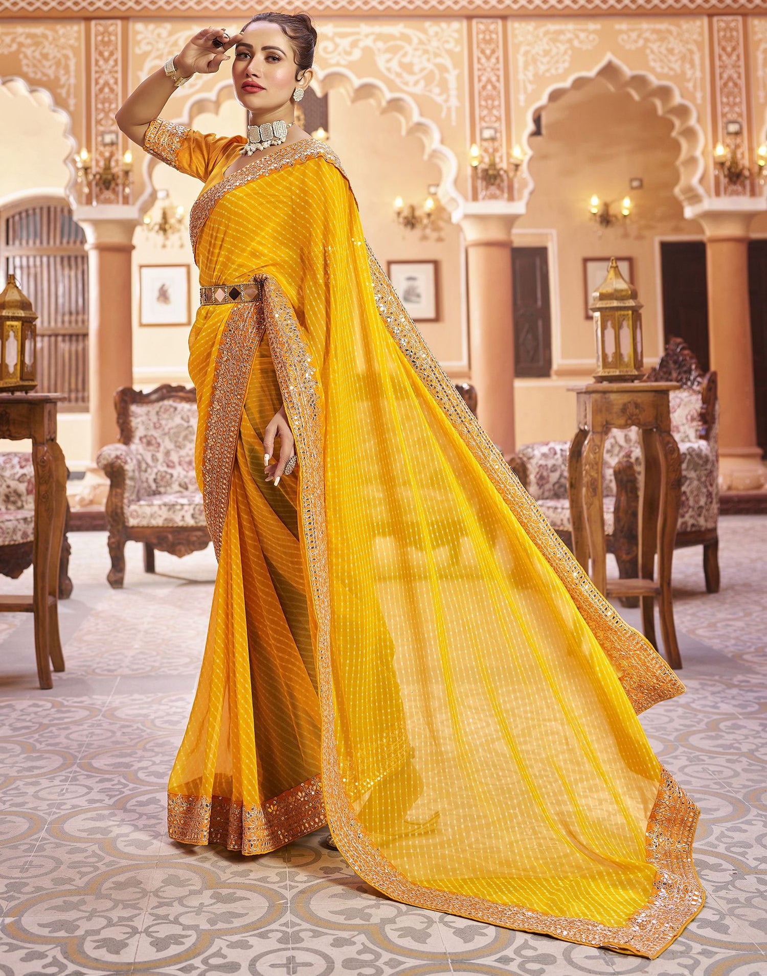 Yellow Plain Gergette Saree