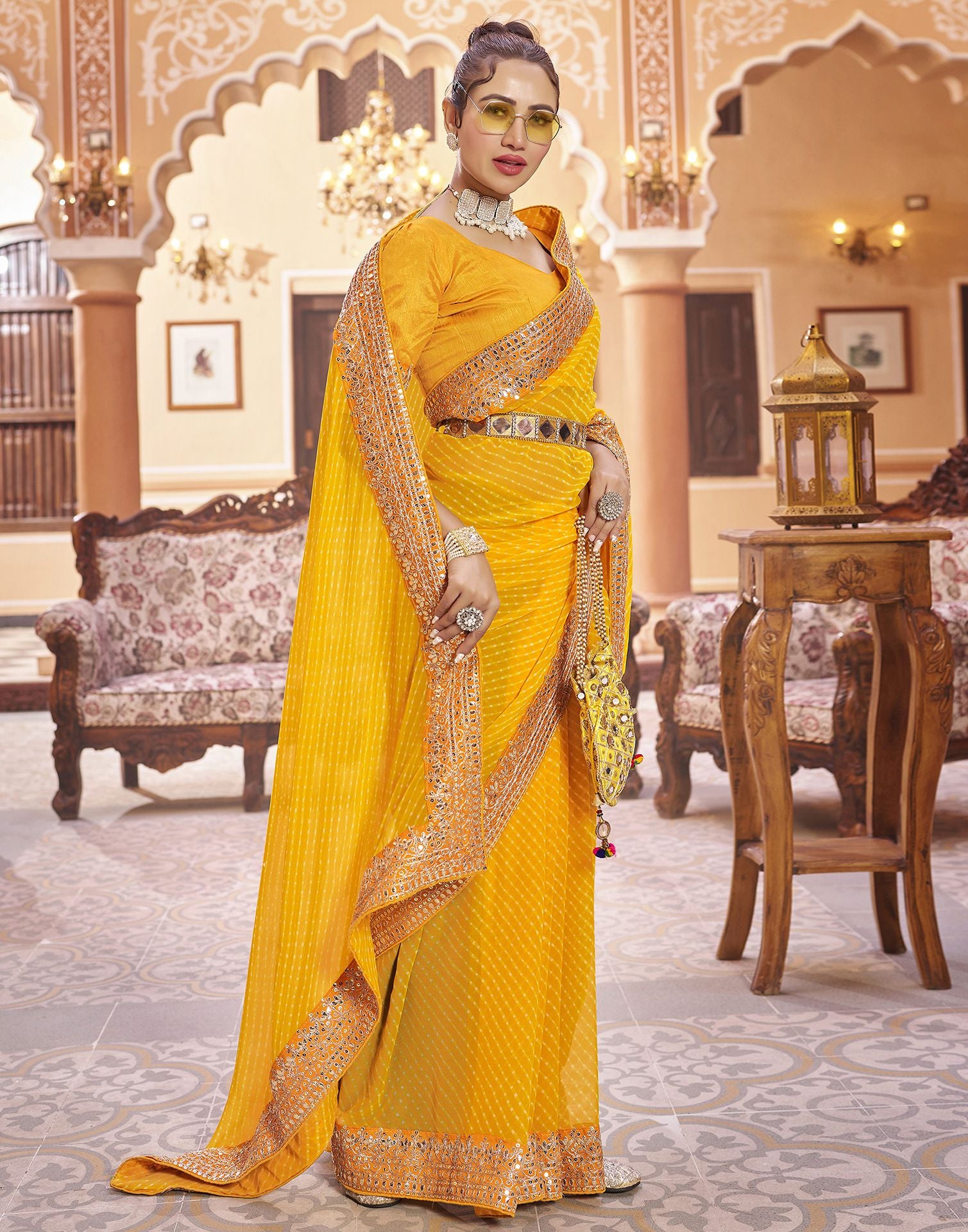 Yellow Plain Gergette Saree