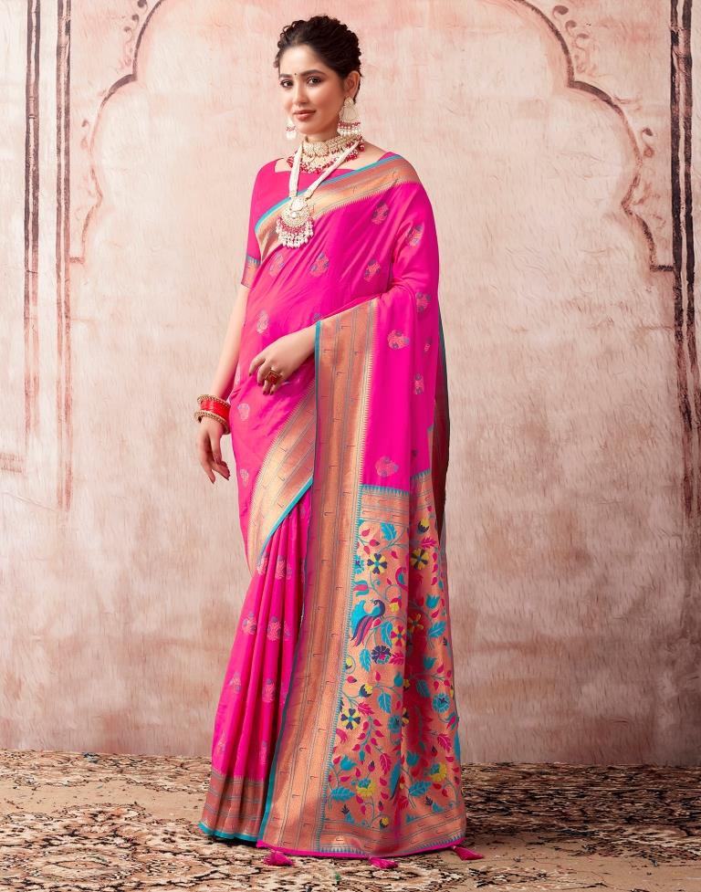 Rani Pink Paithani Silk Plain Saree