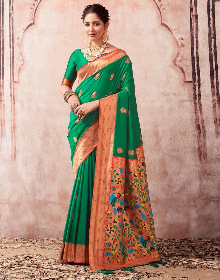 Dark Green Paithani Silk Plain Saree