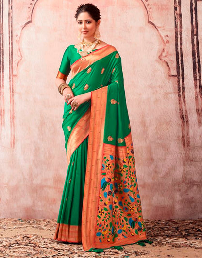 Dark Green Paithani Silk Plain Saree