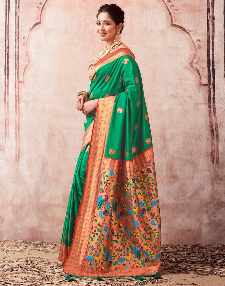 Dark Green Paithani Silk Plain Saree