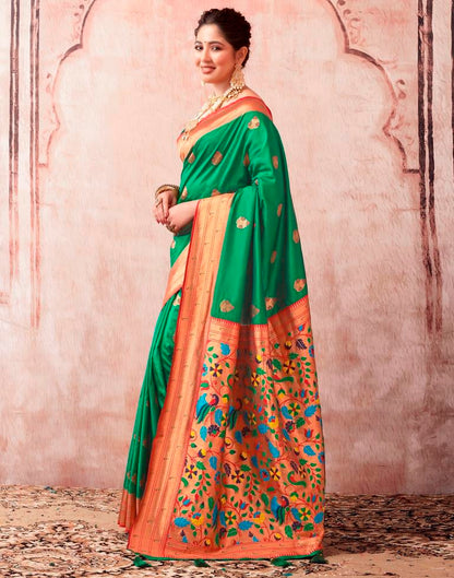 Dark Green Paithani Silk Plain Saree