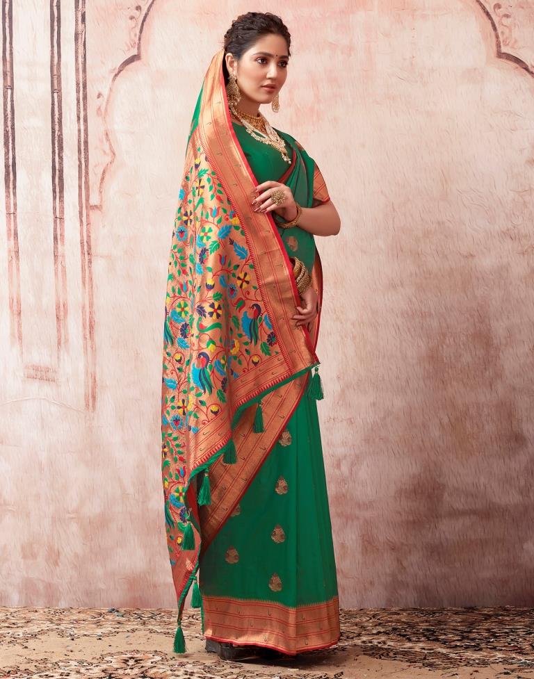 Dark Green Paithani Silk Plain Saree