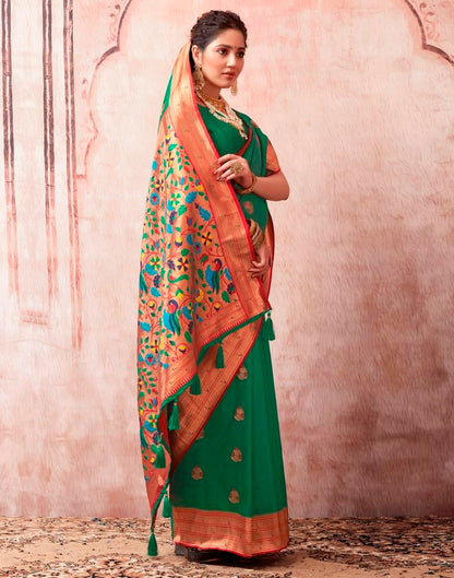 Dark Green Paithani Silk Plain Saree