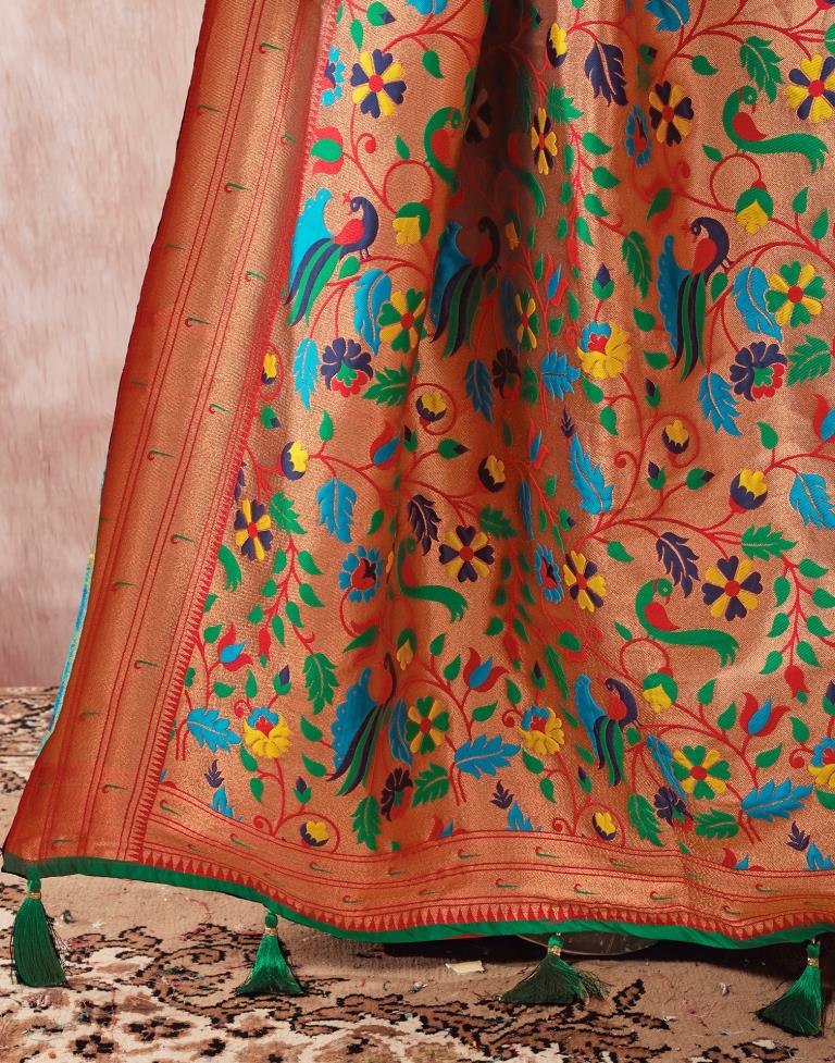 Dark Green Paithani Silk Plain Saree