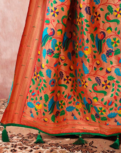 Dark Green Paithani Silk Plain Saree