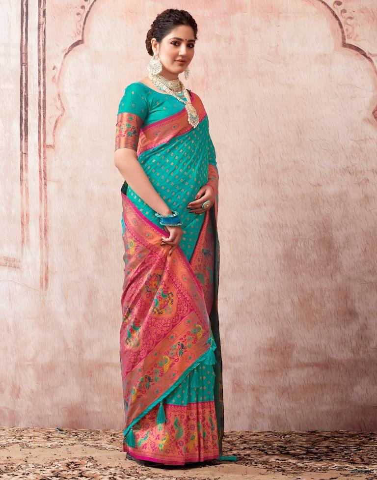 Rama Green Paithani Silk Plain Saree