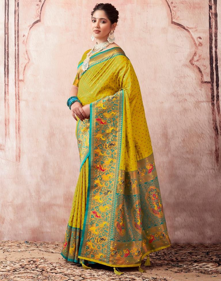 Lime Green Paithani Silk Plain Saree