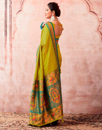 Lime Green Paithani Silk Plain Saree