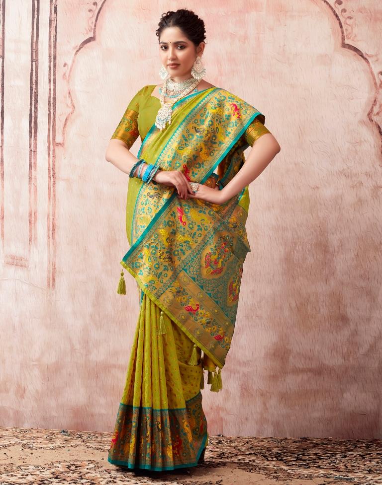 Lime Green Paithani Silk Plain Saree