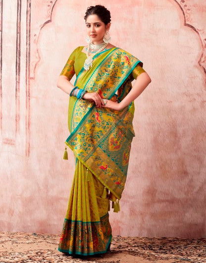 Lime Green Paithani Silk Plain Saree