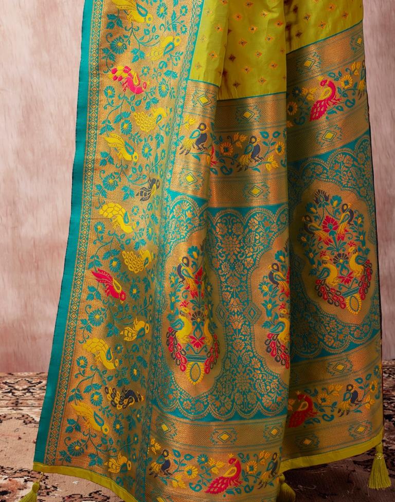 Lime Green Paithani Silk Plain Saree