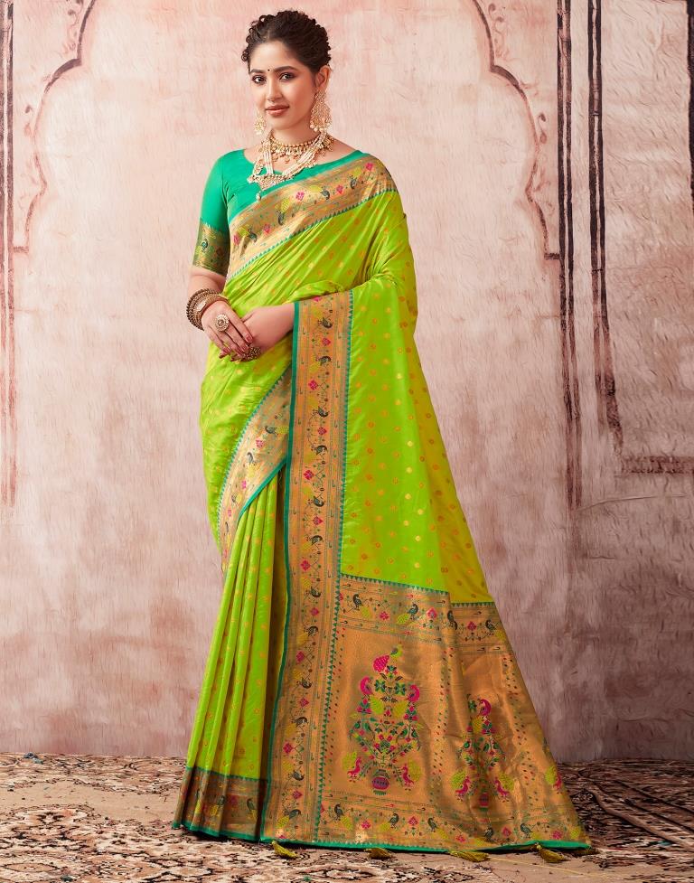 Neon Green Paithani Silk Plain Saree