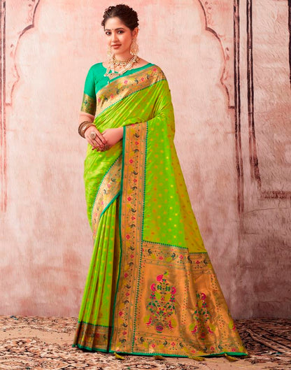 Neon Green Paithani Silk Plain Saree