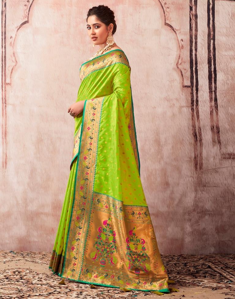 Neon Green Paithani Silk Plain Saree