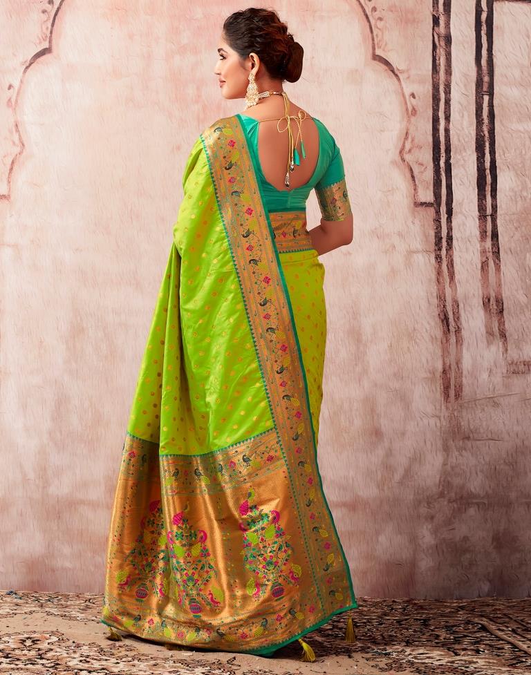 Neon Green Paithani Silk Plain Saree