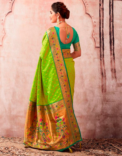 Neon Green Paithani Silk Plain Saree