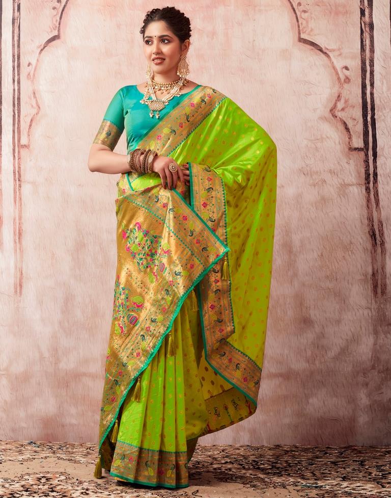 Neon Green Paithani Silk Plain Saree