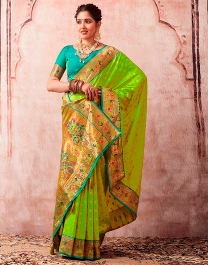 Neon Green Paithani Silk Plain Saree