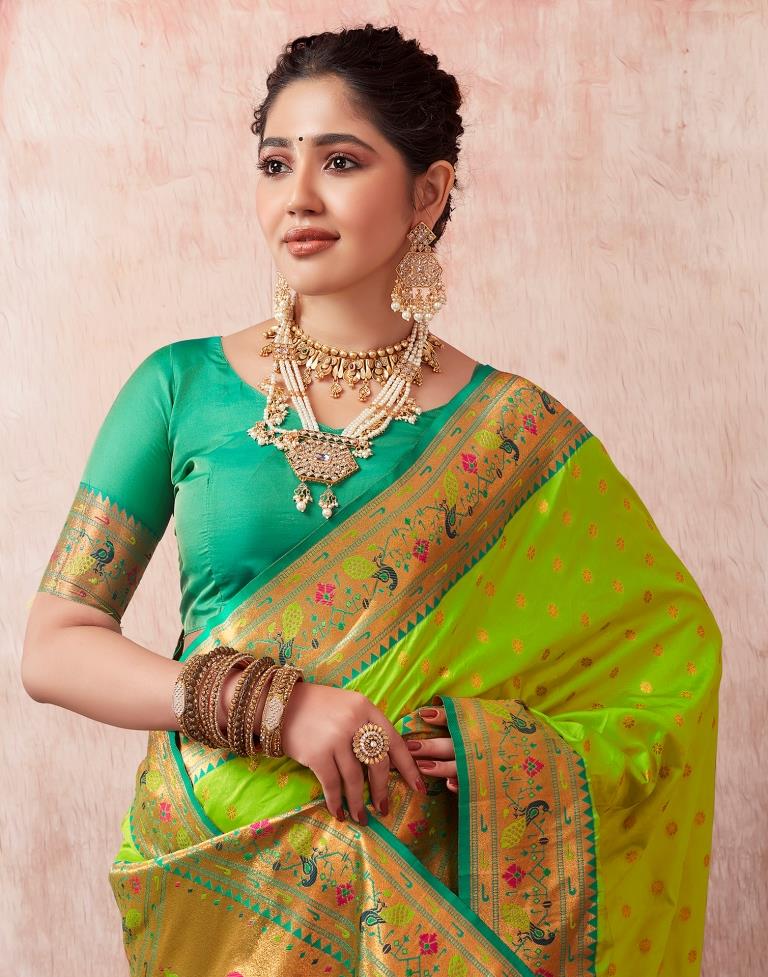 Neon Green Paithani Silk Plain Saree